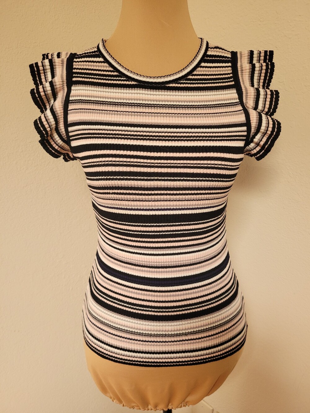Milly Grey Black Pink Striped Ribbed Top with Ruffle Flutter Sleeves